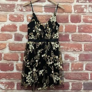 Express Dress Women's Size 6 Black Gold White Floral Embroidered Mesh Zip Up